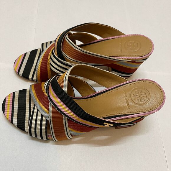 Tory Burch Retro Funky Multicolor Striped Grosgrain Graham Heel Mule Sandals - Picture 8 of 12